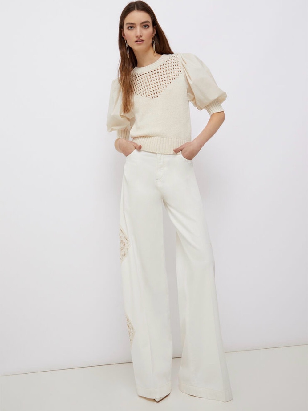 NWOT Liu Jo Better Denim Wide Leg Lace Insert Jeans Ivory Size 25 - Picture 3 of 16